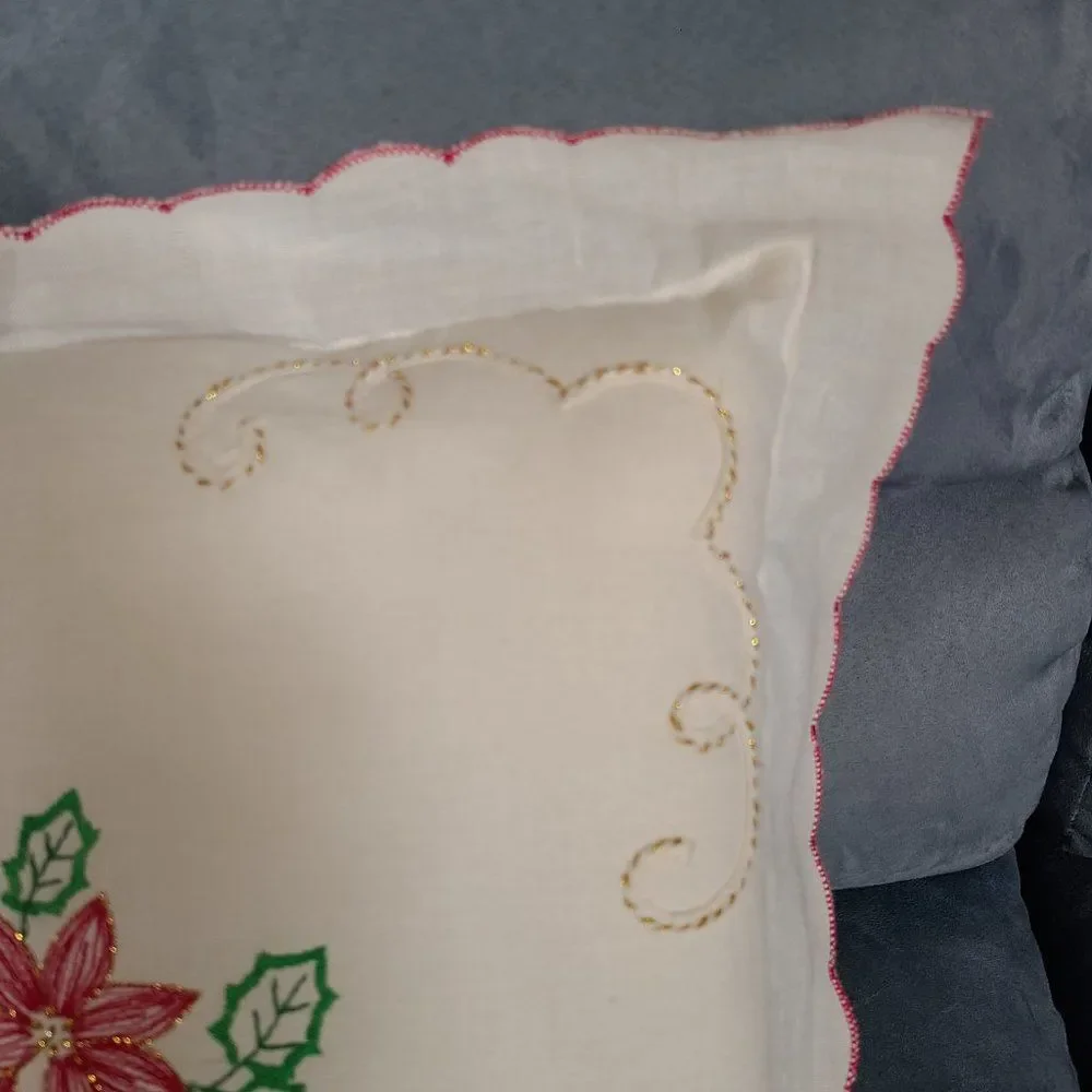 Christmas Poinsettia Embroidered Throw Pillow Gold Cord Scalloped Ruffle Vintage
